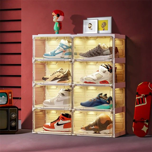 2 Cubes LED Shoe Boxes With Voice Control, Clear Shoe Boxes For Displaying Sneakers, Stackable Plastic Storage Boxes With Lids, Magnetic Side Open Shoe Cabinets