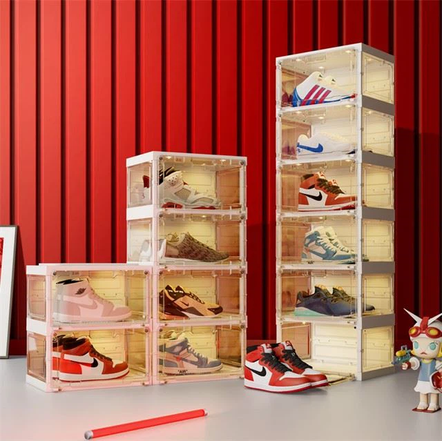 2 Cubes LED Shoe Boxes With Voice Control, Clear Shoe Boxes For Displaying Sneakers, Stackable Plastic Storage Boxes With Lids, Magnetic Side Open Shoe Cabinets