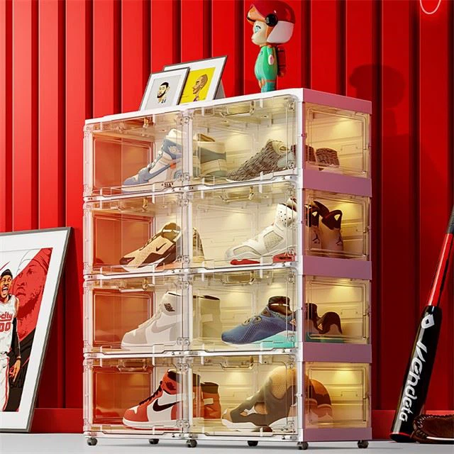 2 Cubes LED Shoe Boxes With Voice Control, Clear Shoe Boxes For Displaying Sneakers, Stackable Plastic Storage Boxes With Lids, Magnetic Side Open Shoe Cabinets