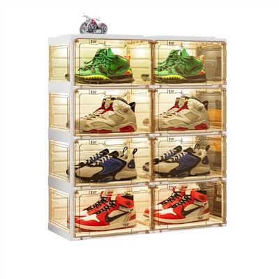 Drop Front Shoebox With LED Lights, A Stackable Plastic Shoebox With Transparent Door, Shoe Cabinet And Shoebox, For Sneaker Display, 8cubes Clear