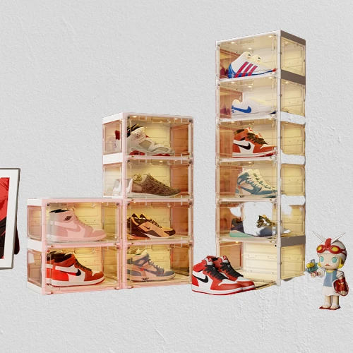 Antbox Auto Shoe Display Cabinet 360 Degree Transparent Plastic Stackable Shoe Box For Sneaker Storage Display Case Plastic Storage Box